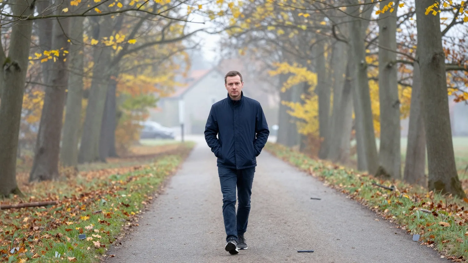 Ein Mann in den Dreißigern geht morgens allein auf einem Waldweg durch herbstlichen Nebel