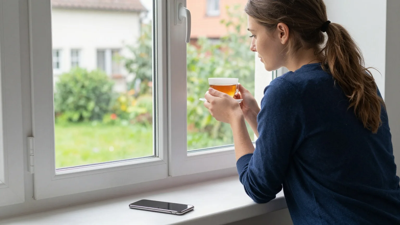 Eine junge Frau sitzt mit einer Tasse Tee auf der Fensterbank, neben ihr ein umgedrehtes Smartphone