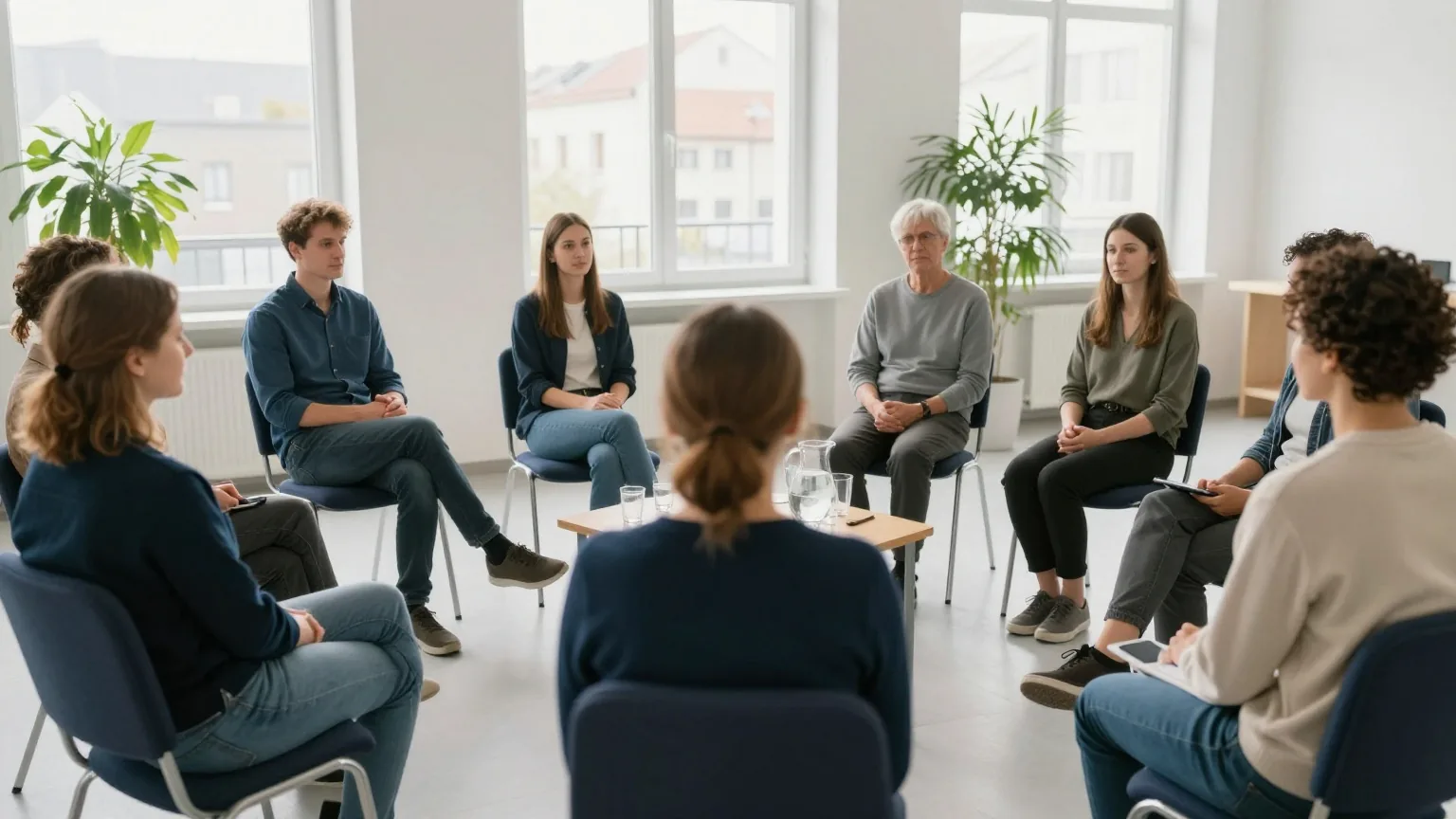 Ein ruhiger Gruppenraum mit acht Polsterstühlen im Kreis, einem Holztisch mit Wasserkrug und Pflanzen am hellen Fenster