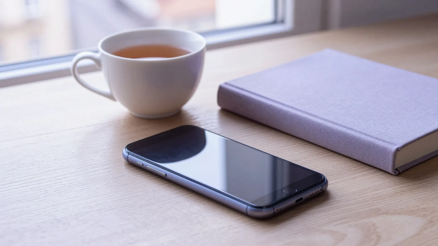 Ein Smartphone liegt umgedreht auf einem Holztisch neben einer Tasse Tee und einem geschlossenen Leinenband im Morgenlicht