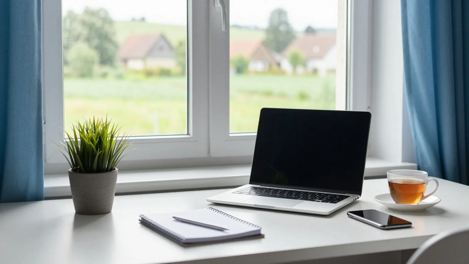 Aufgeräumter Schreibtisch am Fenster eines Dorfhauses mit zugeklapptem Laptop, Notizheft, Pflanze und Teetasse