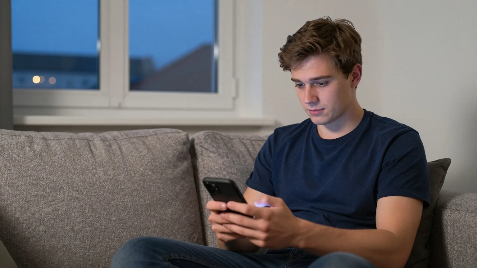 Ein junger Mann sitzt abends auf dem Sofa in einem dämmrigen Wohnzimmer und hält ein Smartphone in der Hand