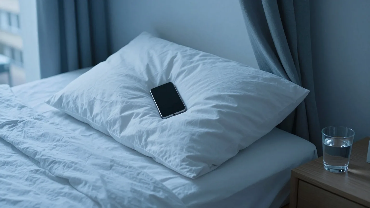 Ein ungemachtes Bett im frühen Morgenlicht, auf dem Kissen liegt ein umgedrehtes Smartphone