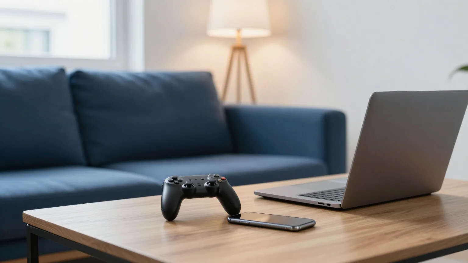 Ein Spielcontroller, ein zugeklappter Laptop und ein umgedrehtes Smartphone liegen abends auf einem niedrigen Holztisch