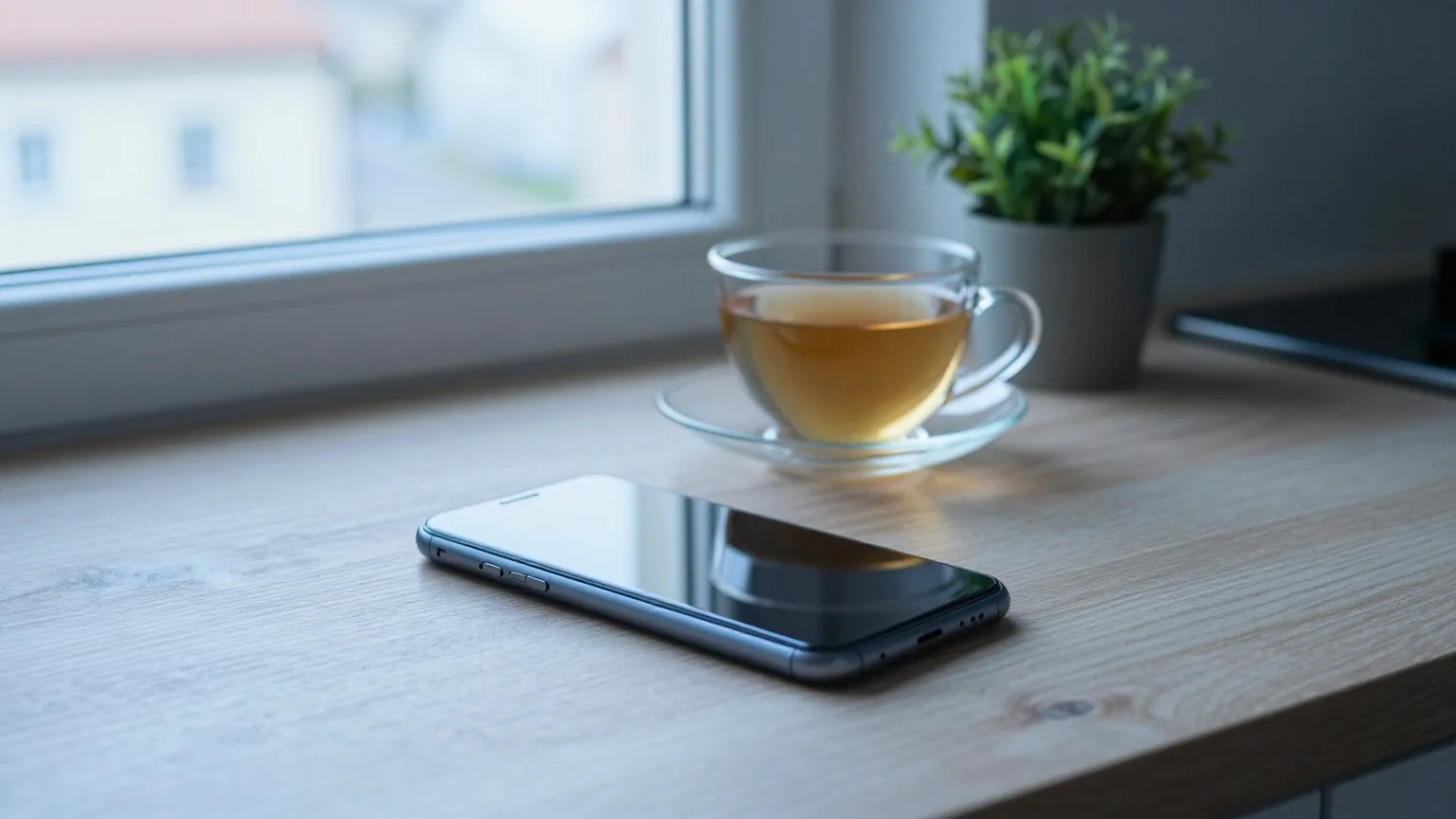 Ein umgedrehtes Smartphone liegt am Morgen auf einem Holztisch neben einer Tasse Tee und einer kleinen Topfpflanze