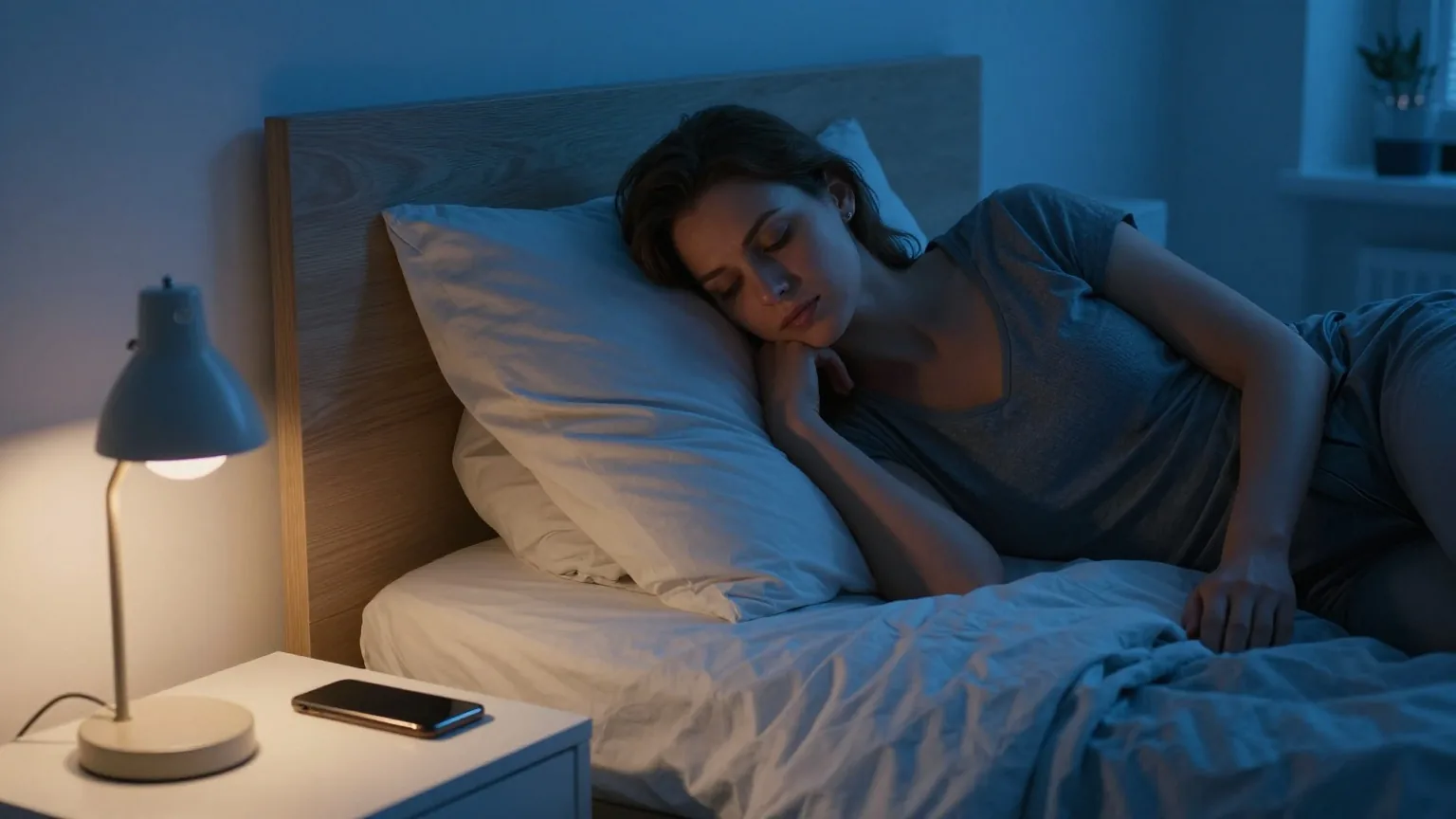 Eine Frau sitzt spätabends auf der Bettkante im Licht einer kleinen Nachttischlampe, das Smartphone liegt umgedreht daneben