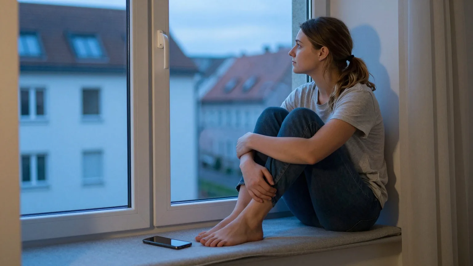 Eine junge Frau sitzt in der Dämmerung auf der Fensterbank und schaut hinaus, neben ihr liegt ein umgedrehtes Smartphone