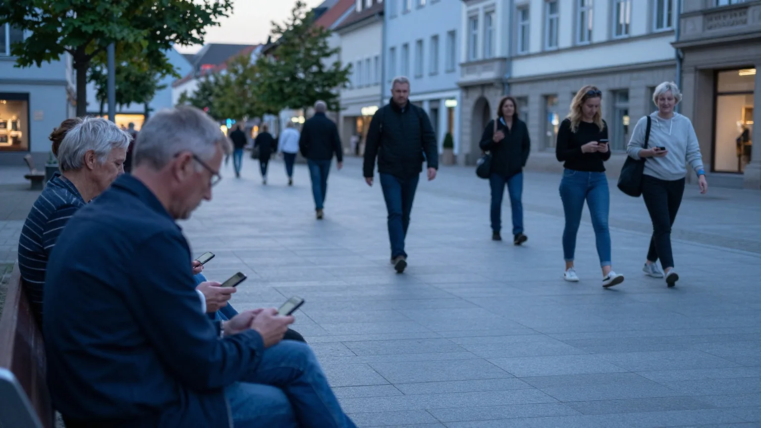 Ein Platz in einer Kleinstadt in der Abenddämmerung, Erwachsene unterschiedlichen Alters gehen vorbei oder sitzen auf Bänken