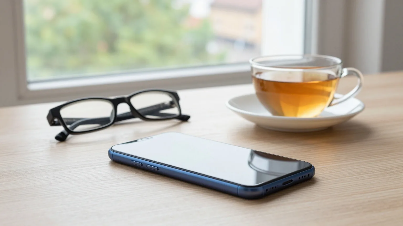 Ein Smartphone liegt umgedreht auf einem Holztisch neben einer Teetasse und einer Brille, dahinter ein Fenster ins Grüne