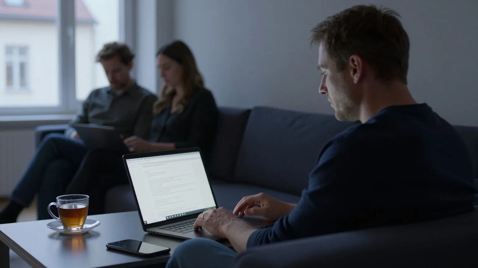 Ein Mann in den Vierzigern sitzt spätabends allein auf dem Sofa im dunklen Wohnzimmer, vor ihm ein Laptop
