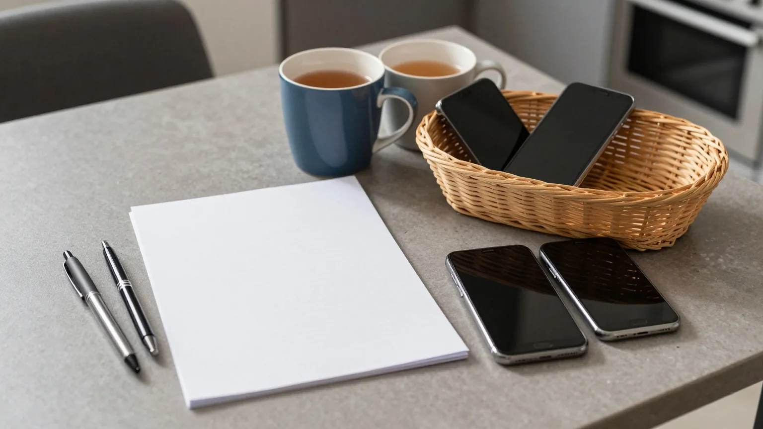 Ein Küchentisch am Abend mit einem leeren Blatt, zwei Stiften, zwei Teetassen und umgedrehten Smartphones in einem Korb